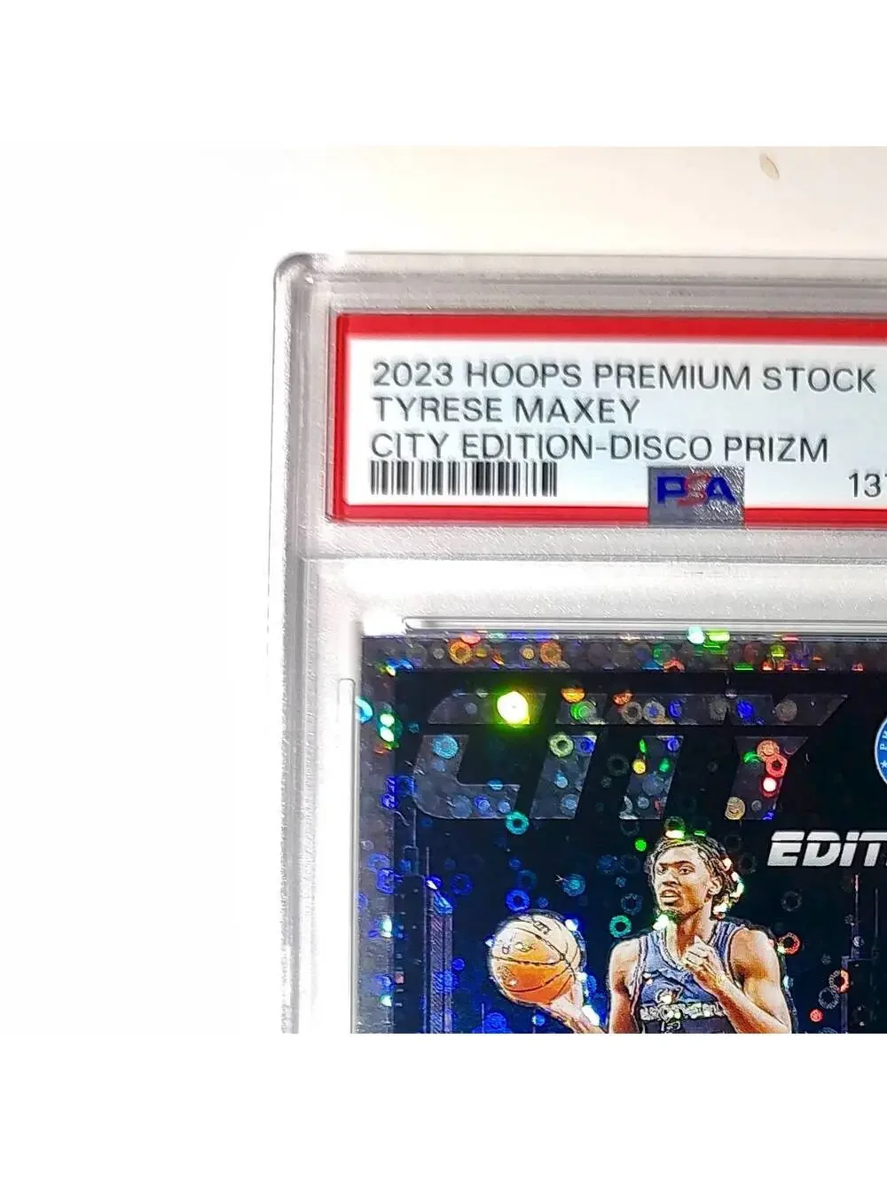 Tyrese Maxey 2023 Panini Hoops Premium City Edition #18 Disco Prizm PSA 8 NM-MT